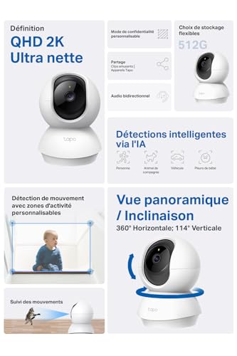 Tapo 2K(3MP) Caméra Surveillance WiFi intérieure 360° C210, Vision nocturne, Notifications en temps réel, Détection de personne, Suivi de mouvement, Télécommande, Compatible avec Alexa